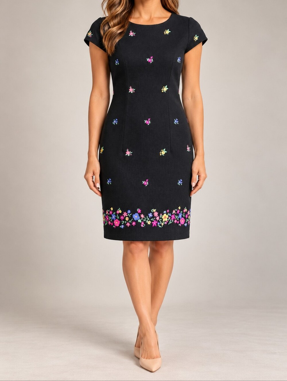 Talbots Petites Black Floral Embroidered Cotton Sheath Dress Border Hem Size 8